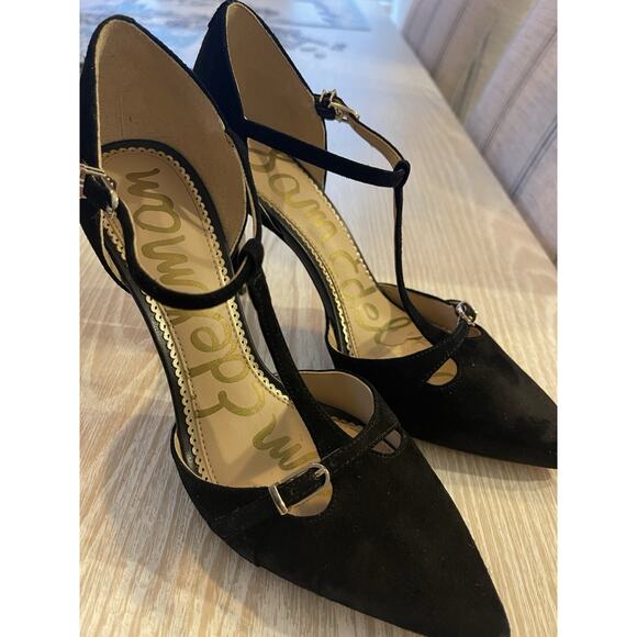 Sam Edelman Women’s Harpar T-Strap Heels Pumps in black suede w/ Gold Size 6 - Picture 5 of 6